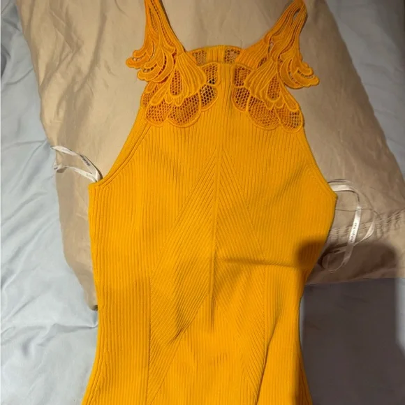 Self Portrait / Bodycon Lace Insert Rib Knit Midi Dress Canary Yellow Viscose S Self Portrait / Bodycon Lace Insert Rib Knit Midi Dress Canary Yellow Viscose S
